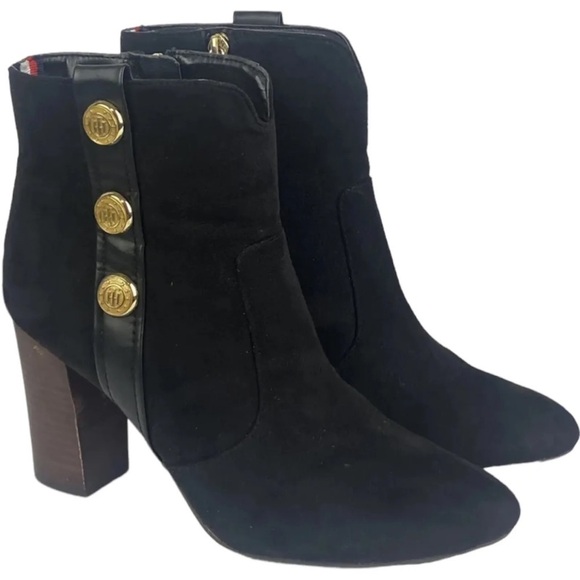 Tommy Hilfiger Black Faux Suede Gold Buttons Ankle Boots Size 9.5. - Picture 3 of 9